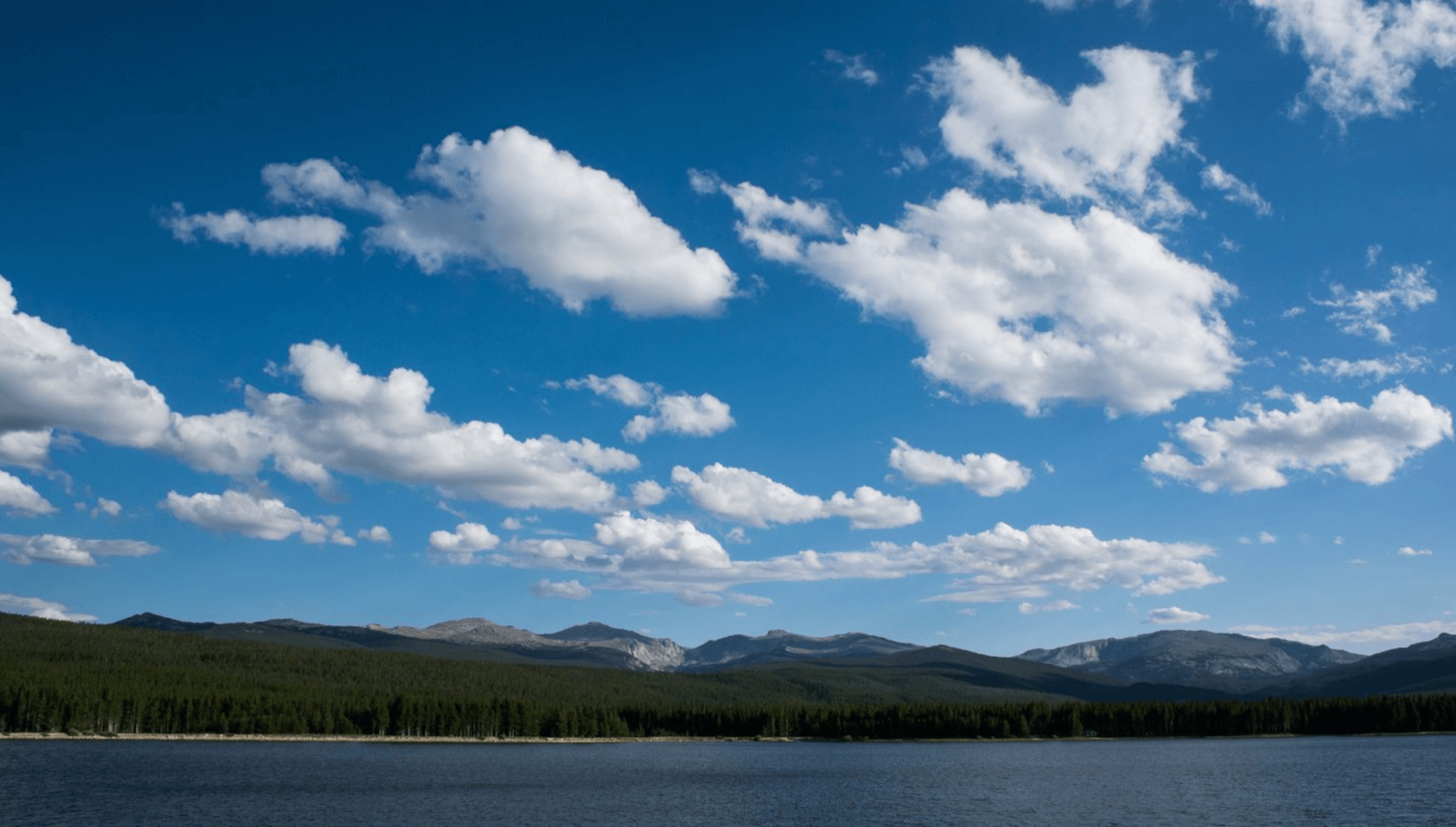 White clouds drift through a blue sky above the sweeping Rocky Mountains across a lush green landscape.